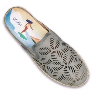 OluKai Women's Kaula 'Olu 'Ili Perforated Leather Espadrille Mules Grey Size 8
